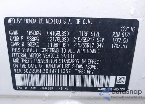 2017 Honda Hr-V Lx z USA, uszkodzony, nr VIN 3CZRU6H30HM711357